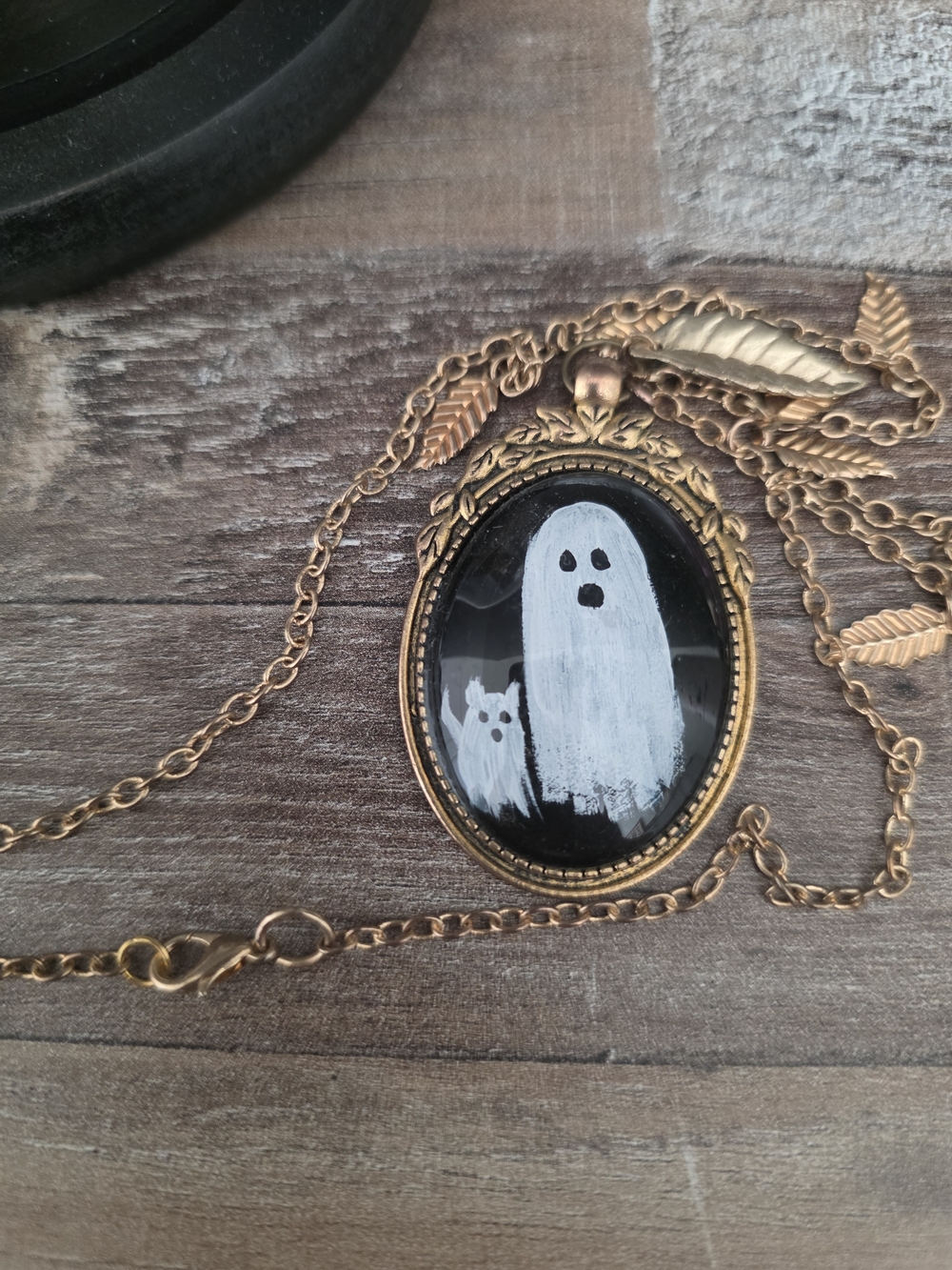 Antique Gold Ghost Pendant Necklace White Ghost Design - Picture 2 of 8